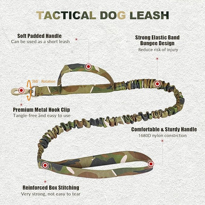 Tactical Dog Collar and Bungee Leash, Camo Military Dog Collar & Leash Set with USA American Flag Adjustable K9 Collar with Heavy Duty Metal Buckle & Handle,with Patches and Airtags Case (L, Camo)
