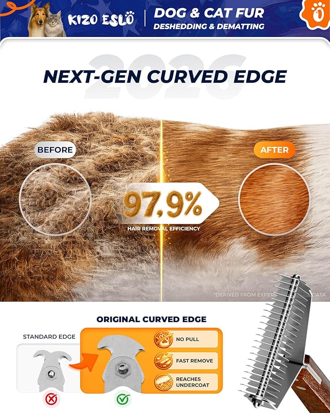 Extra Large 2-Sided Undercoat Rake for Dogs & Cats, Dog Brush for Shedding Remove Mats, Dematting Comb, Safe & Gentle Grooming Brush for German Shepherds Medium to Long-Haired Pets (Walnut Handle)