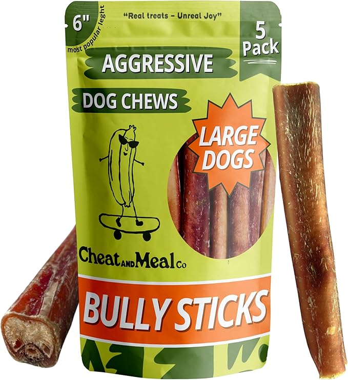Bully Sticks for Large Dogs, (6 Inch, 5 Count), Dog Chew Toy for Aggressive Chewers Single Ingredient, 100% Beef Pizzle, Grass-Fed, Rawhide-Free, Grain-Free