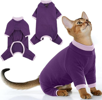 PUMYPOREITY Cat Recovery Suit, Stops Wound Licking After Surgery, Sticky Hair Shirt with Sticky Fabric, Cat Pajamas Prevents Over-Grooming, Purple, XS