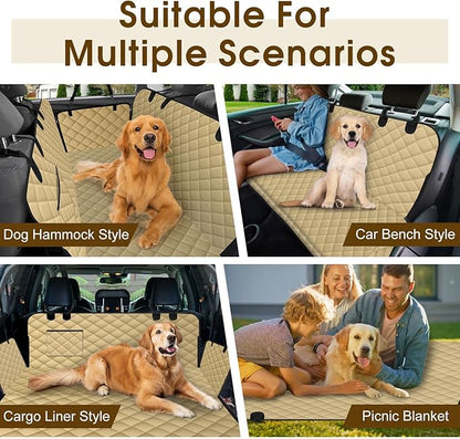 NECKORY Waterproof Dog Car Seat Cover for Back Seat - Durable, Scratch Proof Pet Hammock with Nonslip Design & Storage Pockets, Fits Cars, SUVs, Trucks - L, Khaki/Black