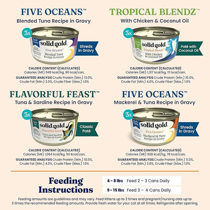 Solid Gold Wet Cat Food Variety Pack - Pate & Shreds in Gravy - Healthy Canned Cat Food Pate w/Real Chicken, Tuna, Mackerel & Sardine - Grain Free & Gluten Free Can Meals for Cats & Kittens - 12ct/3oz