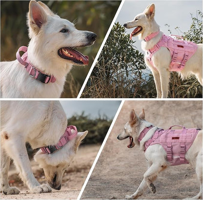 OneTigris Tough Dog Collars, Tactical Dog Collar with Handle, Milltary Adjustable Dog Collar with Heavy Duty Metal Buckle for Training (Large,Pink)