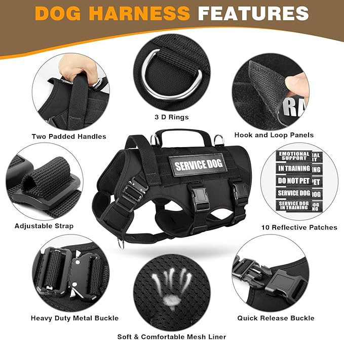 WINSEE Service Dog Vest Harness for Large Dog, Tactical Working MOLLE Vest with 10 Pet Patches, No Pull Heavy Duty Harness for Training Walking
