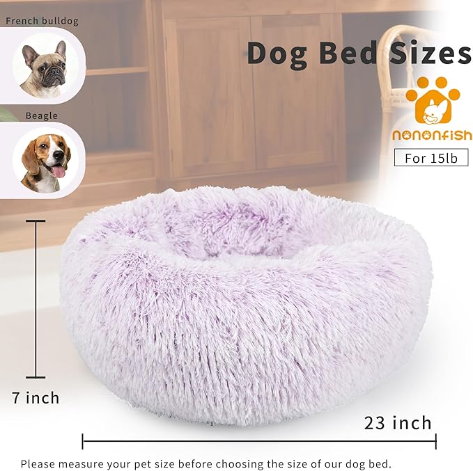 Calming Donut Dogs Beds for Small Dogs Washable,23inch Plush Round Pet Bed for Cozy Sleep,Fluffy Faux Fur Large Cat Bed,Fits up to 25 lbs Pets,Gradient Purple