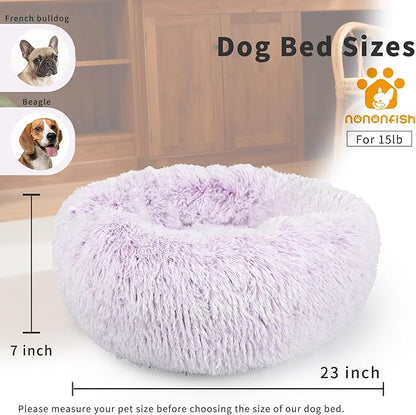 Calming Donut Dogs Beds for Small Dogs Washable,23inch Plush Round Pet Bed for Cozy Sleep,Fluffy Faux Fur Large Cat Bed,Fits up to 25 lbs Pets,Gradient Purple