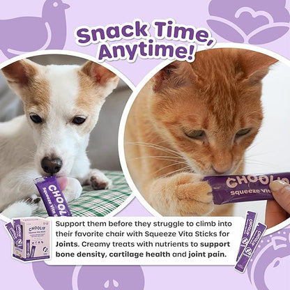 Choolip Squeeze Vita Stick Lickable Cat and Dog Treats, 49-Count Joint Support Variety Pack, Chicken and Salmon with MSM, Green-Lipped Mussel and Vitamin E