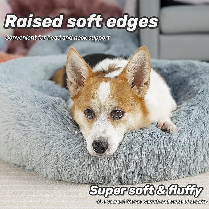 Anti Anxiety Round Fluffy Plush Faux Fur Warm Washable Dog Bed & Cat Bed, Original Bed for Small Medium Large Pets,Used to Relieve Joints and Improve Sleep（20"/24"/27''） (27", Light Grey)