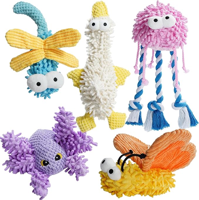 Nocciola 5 Packs Squeaky Dog Toy Plushies, Cute Soft Squeak Crinkle Plush Stuffed Durable Pet Animal Chew Puppy Toys for Small Meidum Large Breed
