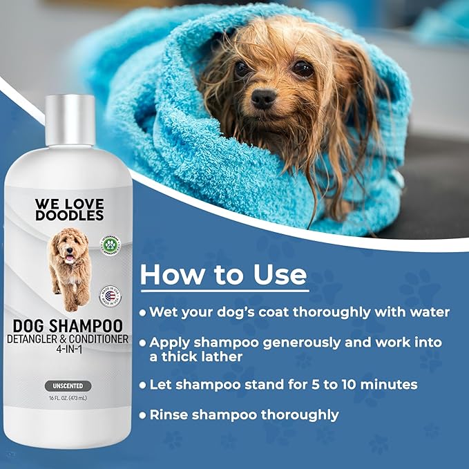 Dog Shampoo, Conditioner & Detangler - Best Shampoo for Goldendoodles, Poodles & Doodles Pet Hair - Hypoallergenic, Tearless, Sensitive Skin for Puppies & All Dog Breeds - Made in USA,16OZ (Unscented)
