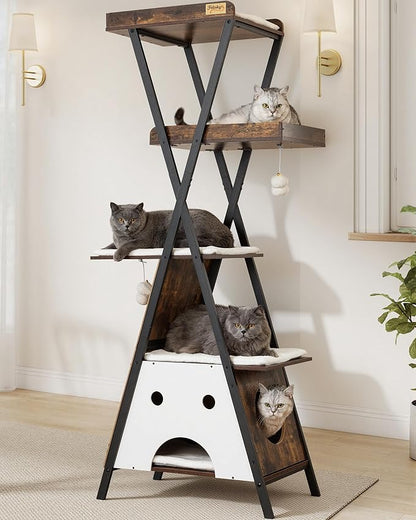 Modern Wood Cat Tree Tower for Indoor Cats Large Adult - 67 Inch Tall Multi-Level Heavy Duty Cat Condo Trees Furniture with Caves Perch Bed Scratching Board - XL Big Sturdy Wooden Kitty Climbing House