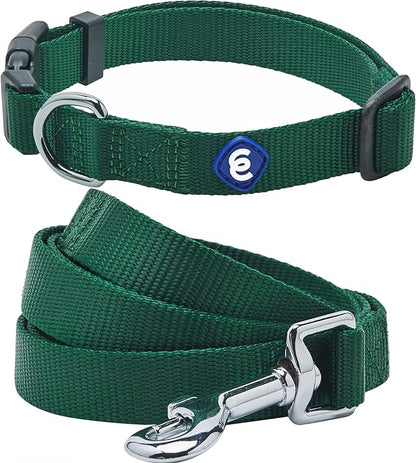 Blueberry Pet Essentials Matching Dog Collar and Leash Set in Verdant Green, Adjustable Classic Solid Color Nylon Collar with 4 ft Leash for Large Dogs