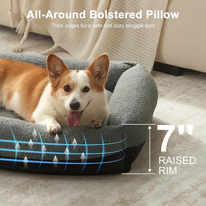 FURTIME Washable Dog Bed Medium Size Dogs, Rectangle Comfy Fluffy Medium Dog Bed, Removable Zipper Cover Machine Wash, Orthopedic Bed Durable Pet Cuddler with Anti-Slip Bottom, 25x21x7 in, Dark Grey