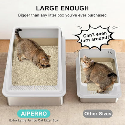 Stainless Steel Litter Box Extra Large for Big Cats and Multi-Cats | Jumbo Extra Large Metal Cat Box with High Sided Lid, Anti-Urine Leakage, Non-Stick,Include Litter Scoop