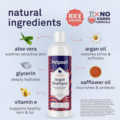 Petpost | Argan Shampoo for Dogs. Dog Shampoo with Argan Oil & Aloe. Moisturizes Dry Skin, Softens Coat, Restores Shine. 16 oz