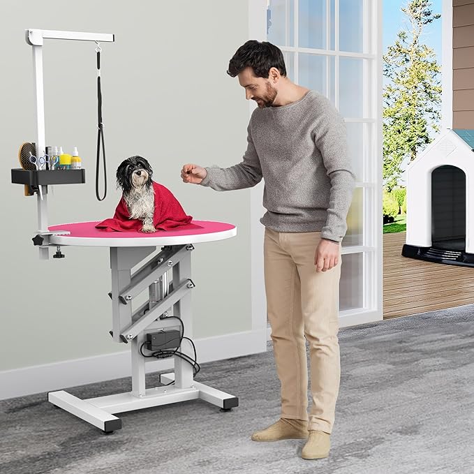 YITAHOME 24" Electric Lift Dog Grooming Table, Rotating Desktop Grooming Table for Dogs at Home, Adjustable Overhead Arm & Tools Organizer Pet Grooming Station for Small Dogs Cats, Pink