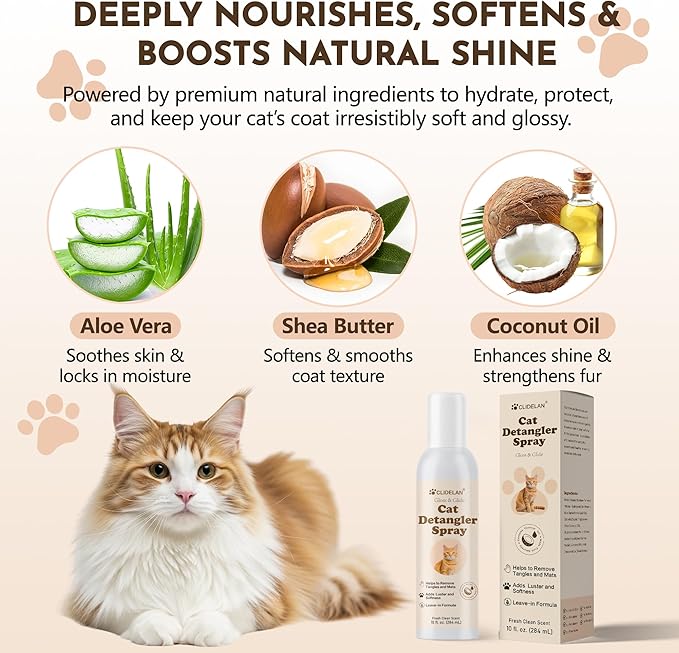 Cat Detangler Spray – Cat Matted Fur Remover for Matted Hair & Everyday Grooming–Dematting Spray for Cats to Loosen Knots, Reduce Pulling, Hydrate Coat & Keep Your Cat’s Fur Soft, Smooth & Manageable