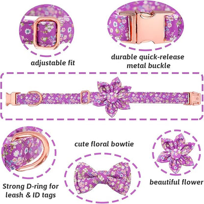 Dog Collar and Leash Set Girls Adjustable Puppy Collars with Floral Bow Tie for Small Medium Large Female Dogs, Purple, M
