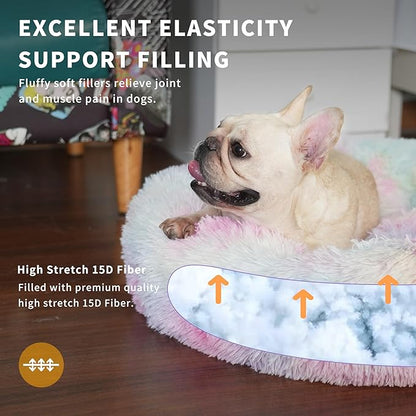 Calming Donut Dogs Beds for Small Dogs Washable,23inch Plush Round Pet Bed for Cozy Sleep,Fluffy Faux Fur Large Cat Bed,Fits up to 25 lbs Pets,Multi Colored