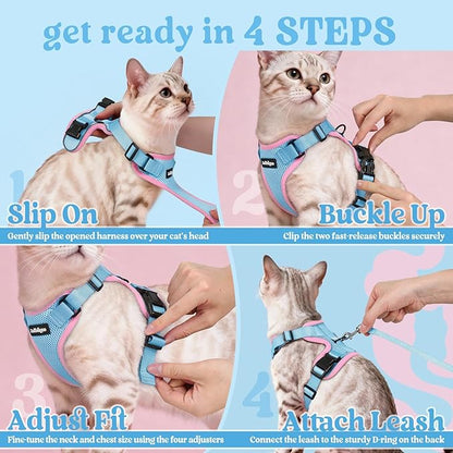 rabbitgoo Cat Harness and Leash for Walking, Escape Proof Soft Adjustable Vest Harnesses for Cats, Easy Control Breathable Reflective Strips Jacket, Light Blue&Pink, M