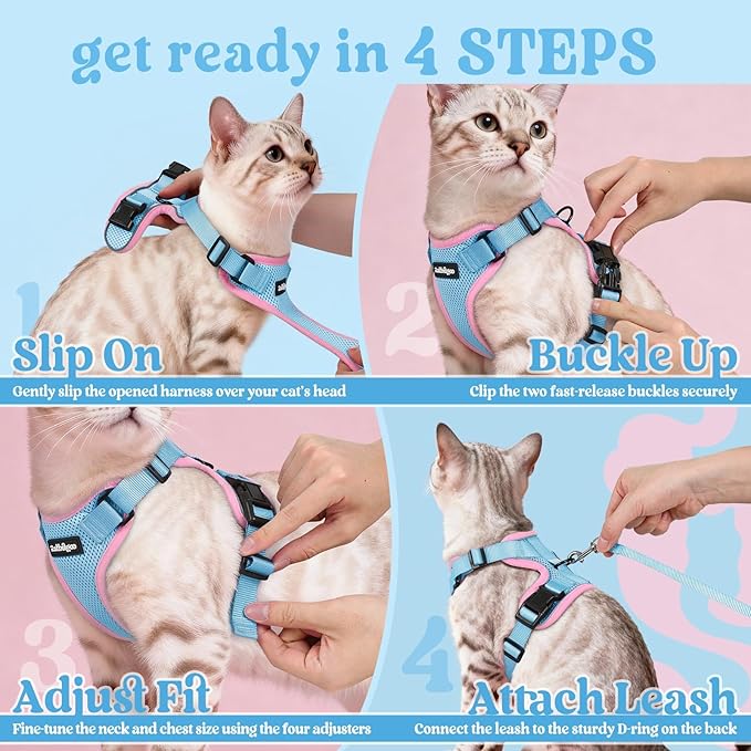 rabbitgoo Cat Harness and Leash for Walking, Escape Proof Soft Adjustable Vest Harnesses for Cats, Easy Control Breathable Reflective Strips Jacket, Light Blue&Pink, XXS
