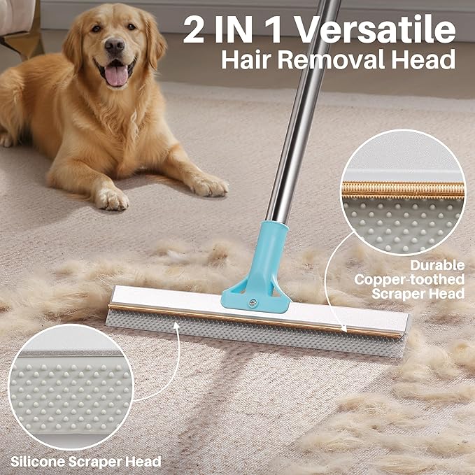 JOYMOOP 3 PCS Pet Hair Removal Tools, A 63" Adjustable Long Handle Carpet Rake and Short Handle Pet Hair Removal, 1 PCS Mini Cat Dog Hair Carpet Rake with Metal & Silicone Scraper for Carpet, Sofa