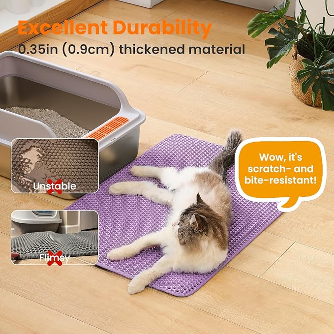 Petinstinct Extra Large Cat Litter Mat, 30x22 Inches Honeycomb Double Layer Cat Litter Trapping Mat, Non Slip Waterproof Urine Proof Large Kitty Litter Box Mat for Floor, Kitten Supplies, XL, Purple