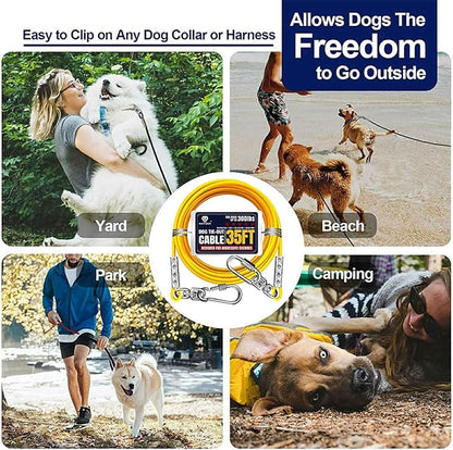Tie Out Cable for Large Dogs, Dog Runner for Yard, Heavy Duty Swivel Hooks Lead Holds Break Strength of 1000lbs, Steel Wire Chain Dog Leash Cable for Yard (Yellow 35FT)