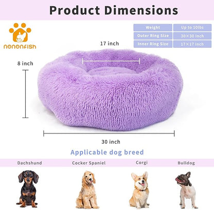 Calming Dog Bed for Medium Dogs Washable Donut 30 inches Anti-Slip Pet Bed,Round Fluffy Plush Faux Fur Cat Bed,Fits up to 45 lbs Pets,Purple