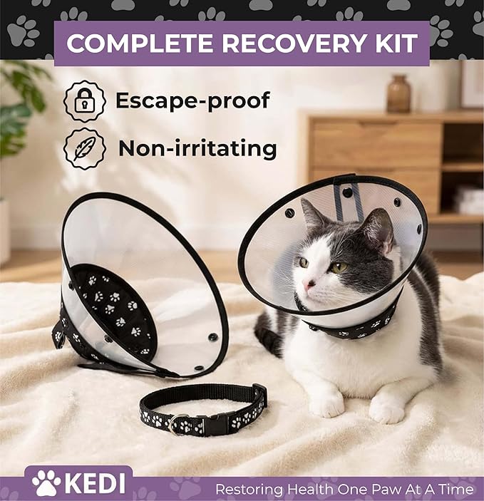 Cat Cone Collar for After Surgery to Stop Licking, Escape-Proof Recovery, Elizabethan E Collar for Cats, Comfortable Cone for Cats (Black, Medium)