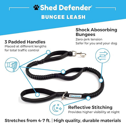 Shed Defender Shock Absorbing Bungee Leash - Three Padded Traffic Handles, Designed in The USA, Stretches 4-7ft, Elastic Dog Leash, Reflective Stitching, Large Dog & Small Breed, Heavy Duty, Blue