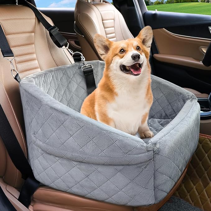 NEEZUKAR Dog Car Seat for Small Dogs,Detachable Washable Dog Booster Seat for Medium Dogs Under 30lbs, Pet Car Seat Travel Bed with Storage Pockets and Dog Safety Belt (Grey)