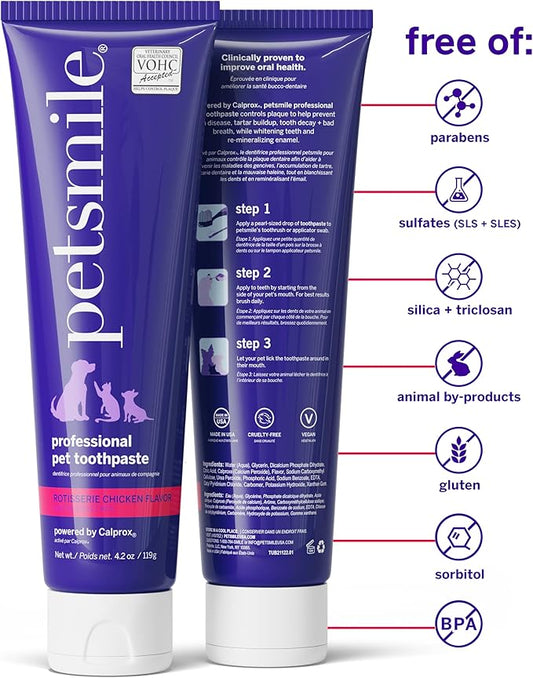 Petsmile Professional Pet Teeth Brushing Kit for Cats & Dogs - Only VOHC Accepted Toothpaste & Patented Toothbrush - Proven to Control Plaque & Tartar Calprox Formula (Rotisserie Chicken, 4.2 Oz)
