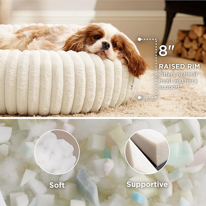 Bedsure ComfyFleece Donut Medium Dog Bed - Washable Faux Fur with Corduroy Fleece & Anti Slip Bottom, Round Pet Bed with Removable Cover, Cream, 30x30x8 inches