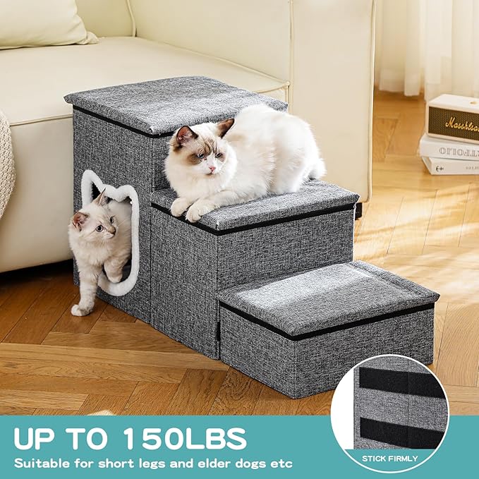 Crispedia Dog Stairs for Small Dogs, 3-Step Dog Ramp for Couch and Bed, Cat Stairs with Storage and Condo, Indoor Non-Slip Pet Stairs for Puppy, Older Cats, Arthritis-Friendly, Grey