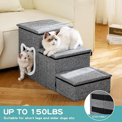 Crispedia Dog Stairs for Small Dogs, 3-Step Dog Ramp for Couch and Bed, Cat Stairs with Storage and Condo, Indoor Non-Slip Pet Stairs for Puppy, Older Cats, Arthritis-Friendly, Grey