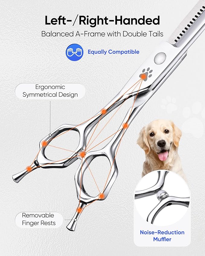 ULG Dog Grooming Scissors 40-Tooth 7.0” Curved Thinning Scissors Seamless 15%-20% Thinning Rate 440C Japanese Stainless Steel Tension Adjustable Left & Right Handed Pet Grooming Shears