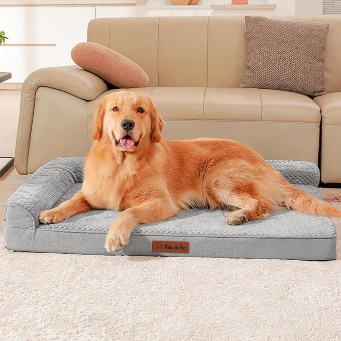 Rainmr Orthopedic Dog Beds for Large Dogs, Memory Foam Dog Beds Large Sized Dogs, Washable Removable Cover, Nonskid Bottom, Waterproof, for Indoor, Outdoor, Crate ＆ Car Use, 41x27x6 Inches, Light Grey
