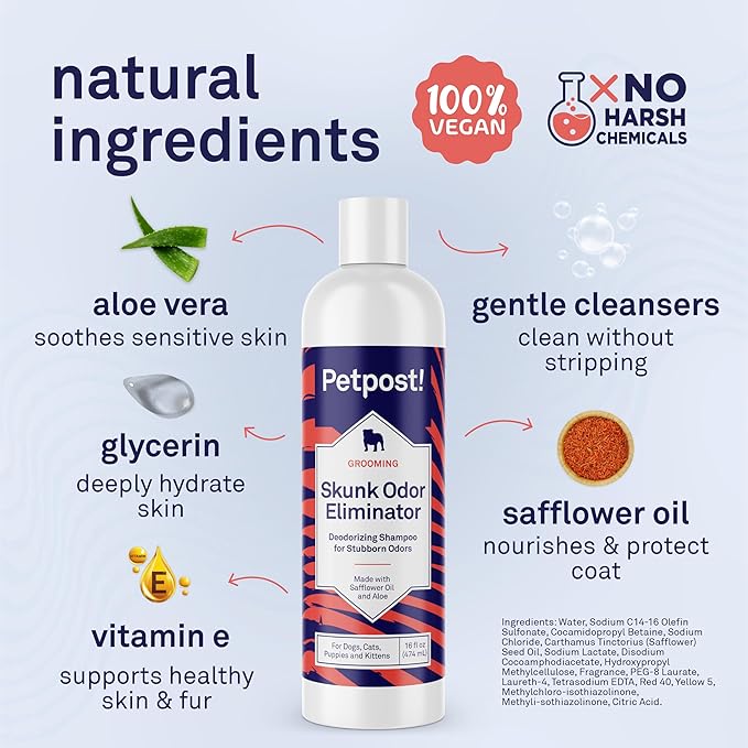 Petpost | Skunk Odor Eliminator Shampoo for Dogs & Cats. Neutralizes Strong Odors. Gentle & Safe Formula. 16 oz