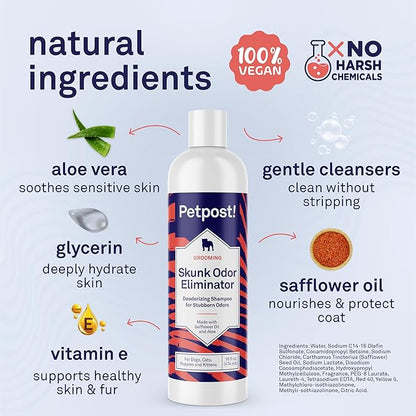 Petpost | Skunk Odor Eliminator Shampoo for Dogs & Cats. Neutralizes Strong Odors. Gentle & Safe Formula. 16 oz
