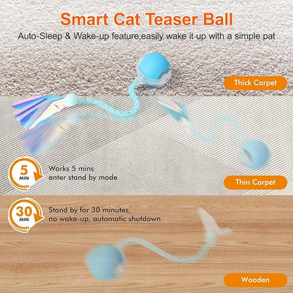 Interactive Cat Toys for Indoor Cats, Automatic Kitten Toys for Bored Indoor Adult Cats, Smart Kitten Rolling Ball Moving Balls Toy, Rechargeable Dog Cat Ball for Enrichment Exercise (Light Blue)