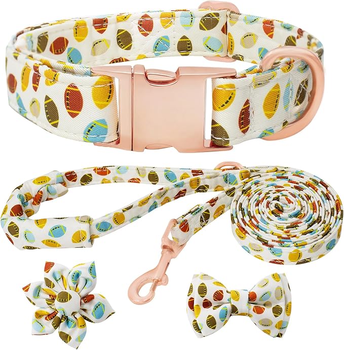 Dog Collar and Leash Set Girls Adjustable Puppy Collars with Floral Bow Tie for Small Medium Large Female Dogs, Rugby, M