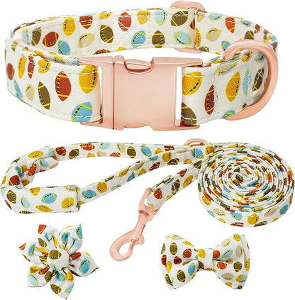 Dog Collar and Leash Set Girls Adjustable Puppy Collars with Floral Bow Tie for Small Medium Large Female Dogs, Rugby, M
