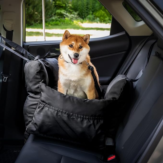 JACKO & CO - Premium Dog Car Seat v2 Booster Seat for Small & Medium Pets Under 40lbs - Machine Washable w Removable Covers, Water Resistant w Clip-On Leash for Back Seat Use (Black Medium (20-40lbs)