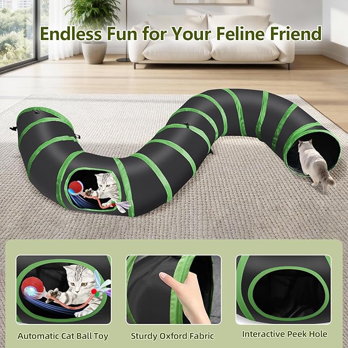Interactive Cat Toy with Motorized Ball & Collapsible Tunnel - Fast Rolling Motion-Activated, Hide & Seek Puzzle Game for Indoor Adult Cats & Kittens, Stimulating Hunting Self Play Boredom Buster