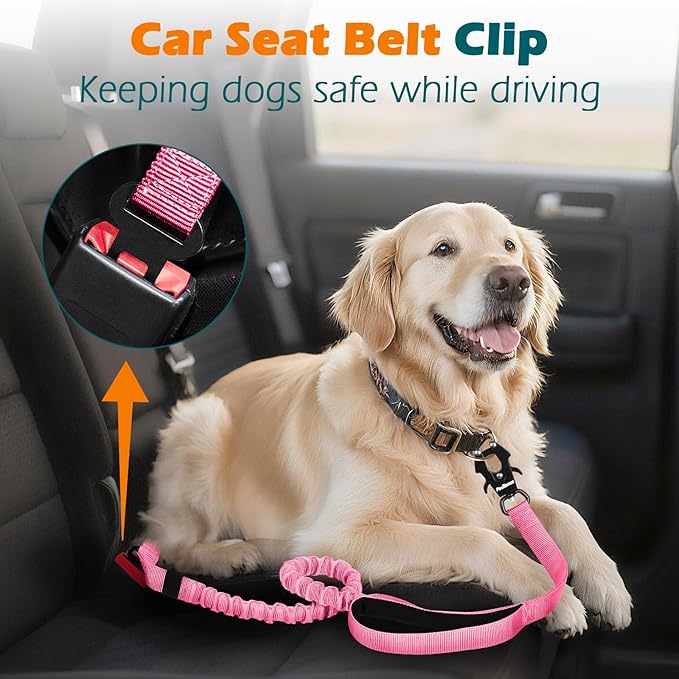 PetBonus Heavy Duty Tactical Dog Leash, 5 FT Bungee Shock Absorption Leash with 2 Padded Handles, Quick Release Metal Clip, Car Seatbelt, No Pull Training Lead for Large Medium Dogs（Pink）