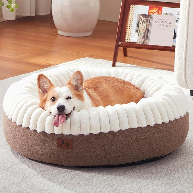 Warmrest Donut Dog Bed Medium Size Dog 30 Inch, Round Cat Beds for Small Medium Dogs and Cats with Washable Fluffy Faux Fur, Cute Comfort Pet Bed with Anti-Slip Bottom, Cream