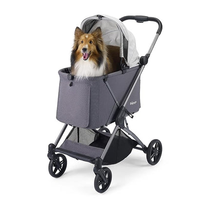 ibiyaya Maxi Deep Carriage Pet Stroller for Cats and Small Dogs – Flat-Free Rubber Wheels, One-Hand Fold, Extra-Tall Cabin (Twin Gray)