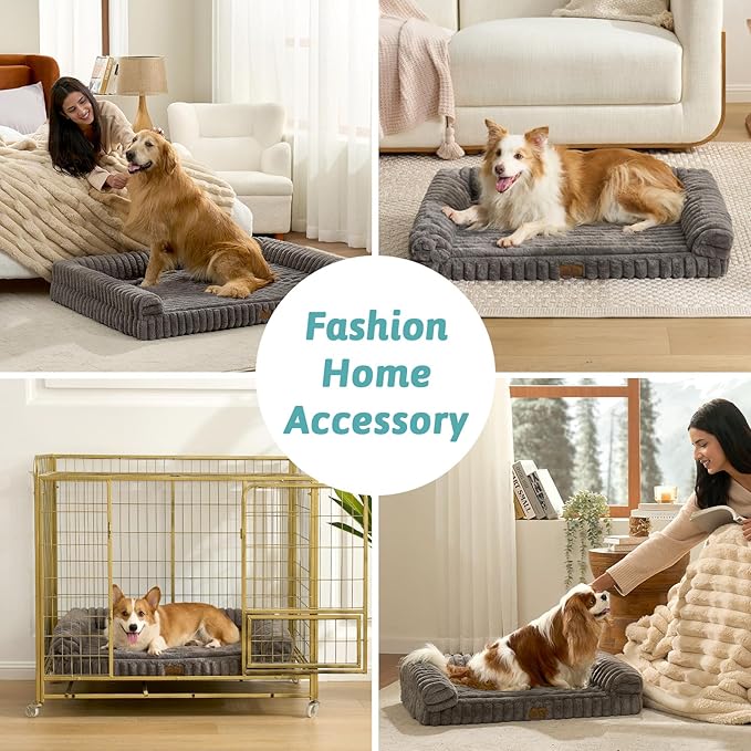 COZY KISS Cute Dog Bed for Extra Large Dogs, Faux Rabbit Fur Orthopedic Foam Dog Bed with Sides, Removable Washable Cover & Waterproof Lining, Comfortable Pet Couch, Grey (48" L x 35" W x 7.5" Th)