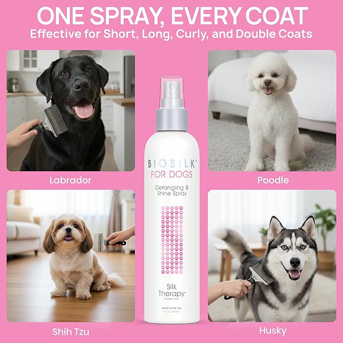 BioSilk for Pets Silk Therapy Detangling Plus Shine Mist for Dogs - Reduces Matted Fur, Shiny & Soft Coat - Suitable for All Dogs & Puppies, Made in USA, 8 Fl Oz - 2 Pack